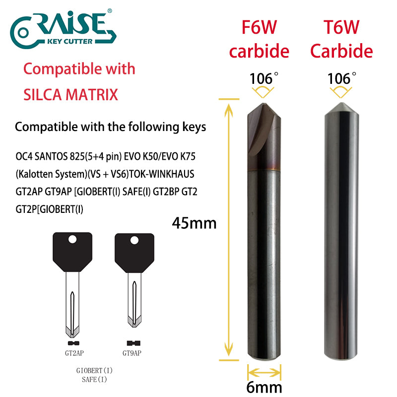 RAISE Carbide Cutter F6W T6W Compatible with SILCA Matrix Key Cutting Machines